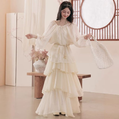 Halter V-Neck Tiered Ruffle Maxi A-Line Dress / Long-Sleeve Scoop Neck Jacquard Perforated Sheer Blouse