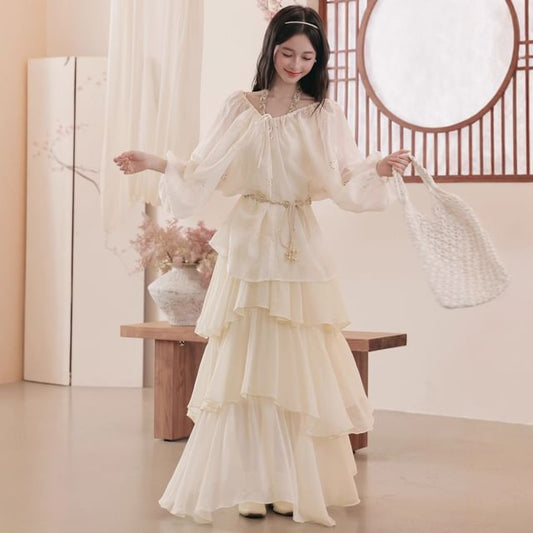 Halter V-Neck Tiered Ruffle Maxi A-Line Dress / Long-Sleeve Scoop Neck Jacquard Perforated Sheer Blouse
