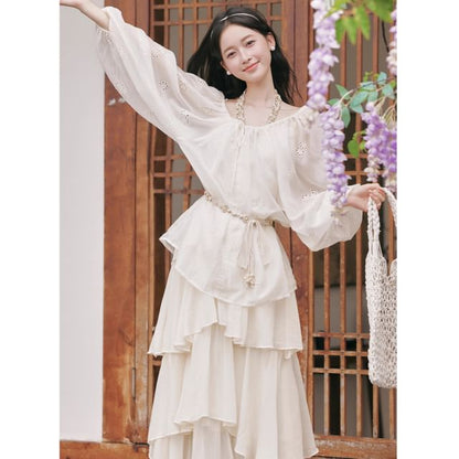 Halter V-Neck Tiered Ruffle Maxi A-Line Dress / Long-Sleeve Scoop Neck Jacquard Perforated Sheer Blouse
