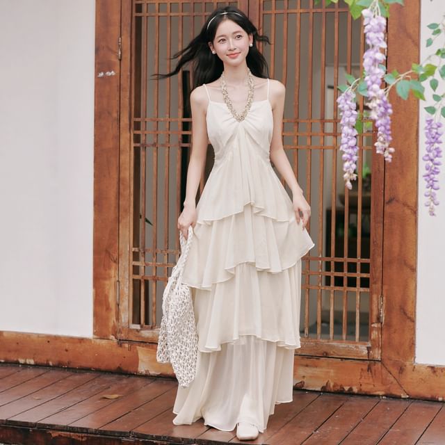 Halter V-Neck Tiered Ruffle Maxi A-Line Dress / Long-Sleeve Scoop Neck Jacquard Perforated Sheer Blouse