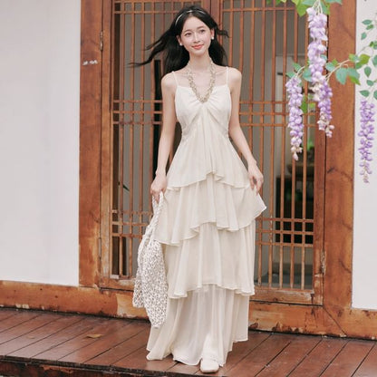 Halter V-Neck Tiered Ruffle Maxi A-Line Dress / Long-Sleeve Scoop Neck Jacquard Perforated Sheer Blouse