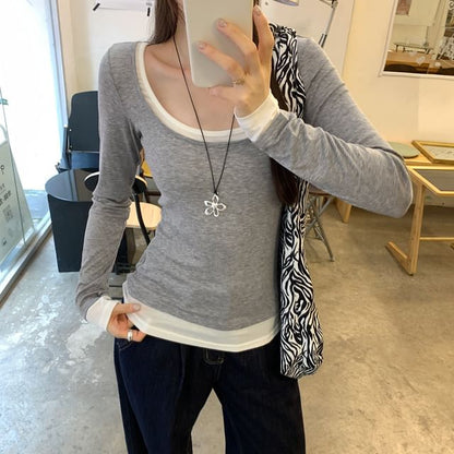 Scoop Neck Mock Two-Piece Long-Sleeve Top
