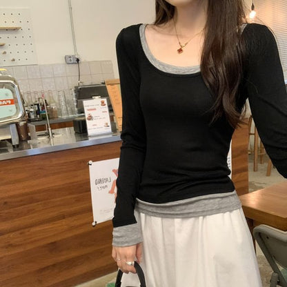 Scoop Neck Mock Two-Piece Long-Sleeve Top