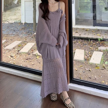 Plain Cardigan / Sleeveless Maxi Dress