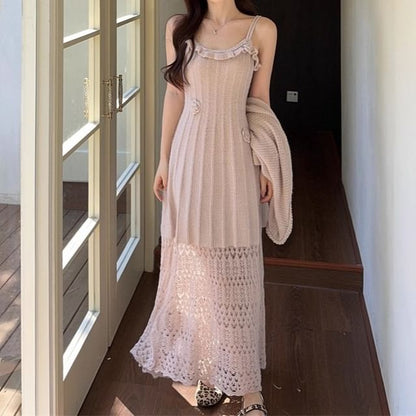 Plain Cardigan / Sleeveless Maxi Dress