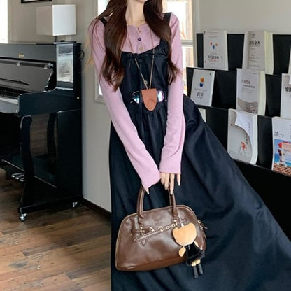 Long-Sleeve Henley Plain Tee / Maxi Overall Dress