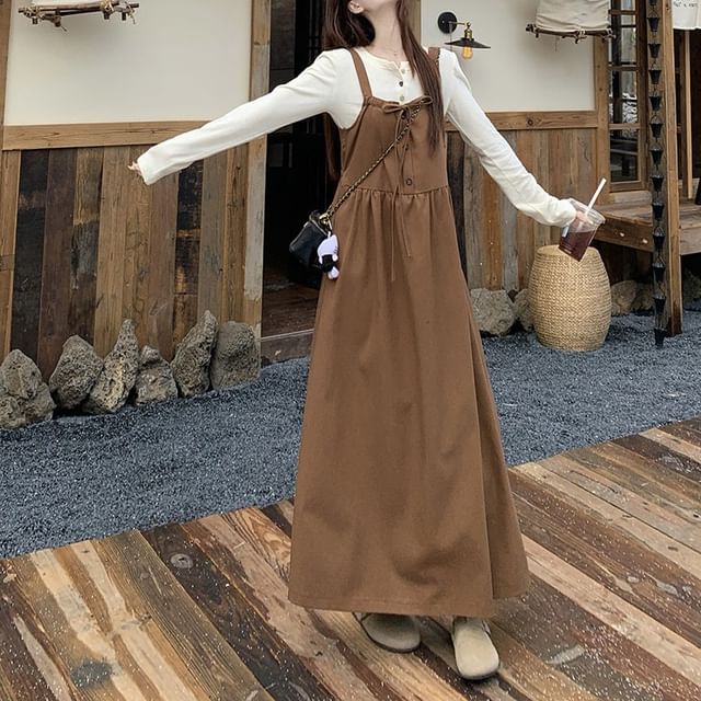 Long-Sleeve Henley Plain Tee / Maxi Overall Dress