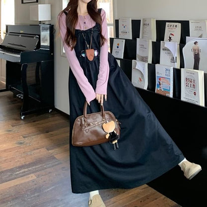 Long Sleeve Henley Plain T-Shirt / Plain Drawstring Button Maxi A-Line Dungaree Dress
