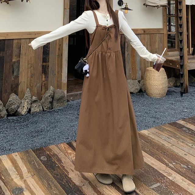 Long Sleeve Henley Plain T-Shirt / Plain Drawstring Button Maxi A-Line Dungaree Dress