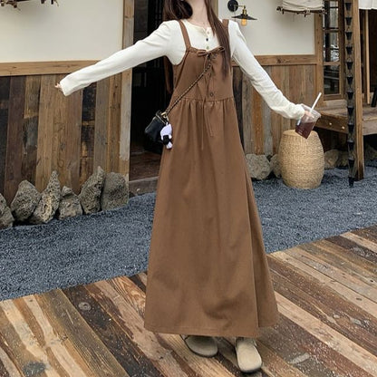 Long Sleeve Henley Plain T-Shirt / Plain Drawstring Button Maxi A-Line Dungaree Dress