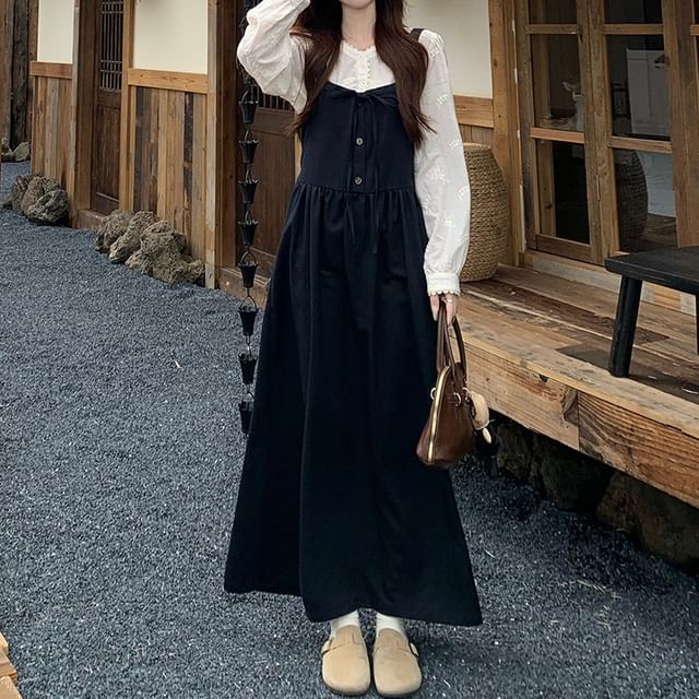 Long Sleeve Henley Plain T-Shirt / Plain Drawstring Button Maxi A-Line Dungaree Dress