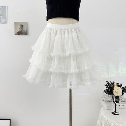 Frill Tiered Mesh Mini A-Line Skirt