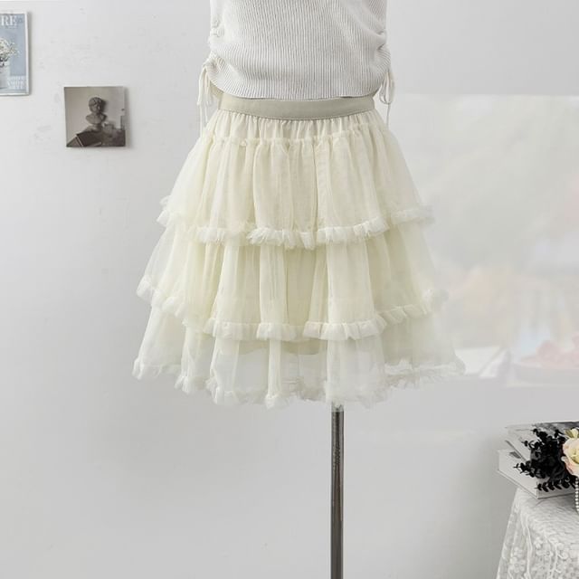 Frill Tiered Mesh Mini A-Line Skirt