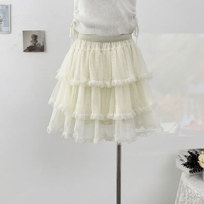 Frill Tiered Mesh Mini A-Line Skirt