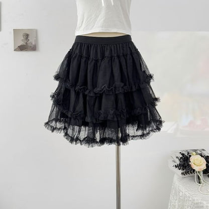 Frill Tiered Mesh Mini A-Line Skirt