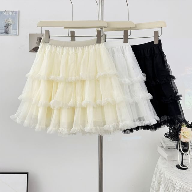 Frill Tiered Mesh Mini A-Line Skirt