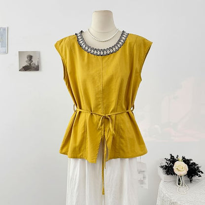 Tie-Waist Blouse with Lace Trim Round Neck and Sleeveless Cut