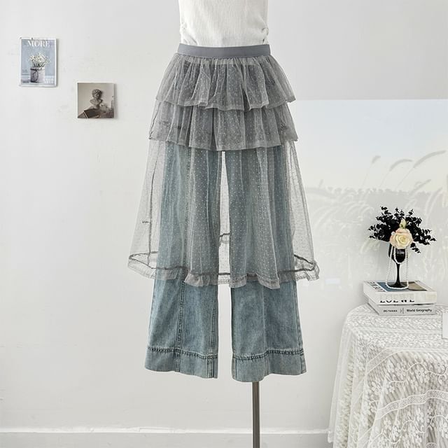 Dotted Mesh Overlay Tiered Skirt