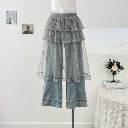 Dotted Mesh Overlay Tiered Skirt