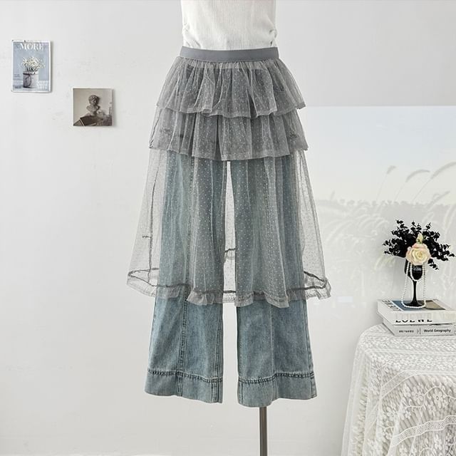 Dotted Mesh Overlay Tiered Skirt