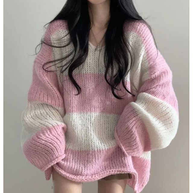 Oversized Striped Sweater with V-Neckline