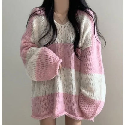 Oversized Striped Sweater with V-Neckline