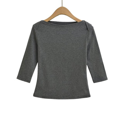 Plain Top with Boat Neckline and Elbow-Length Sleeves