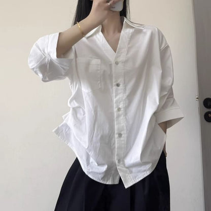 Ruched Collared Shirt with V-Neckline and Three-Quarter Sleeves