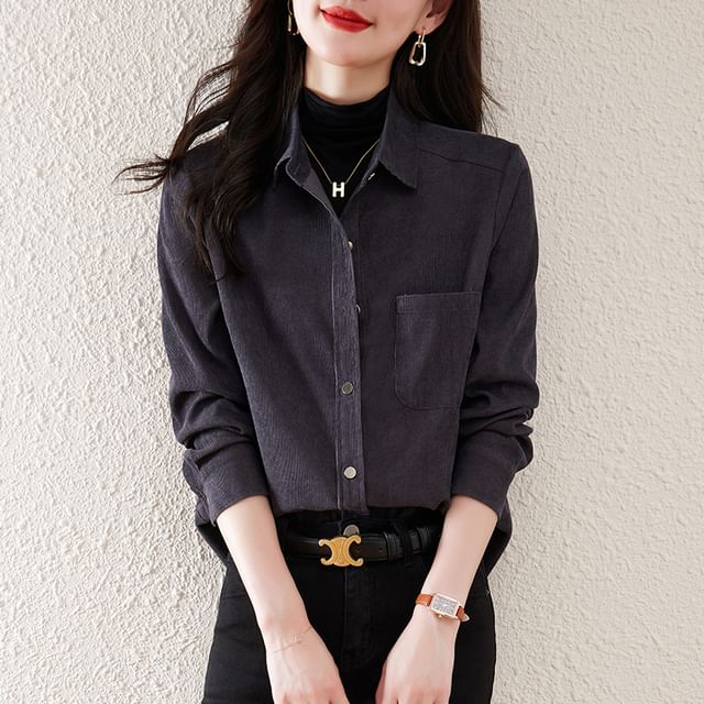 Plain Shirt with Pocket Detail and Long Sleeve Design