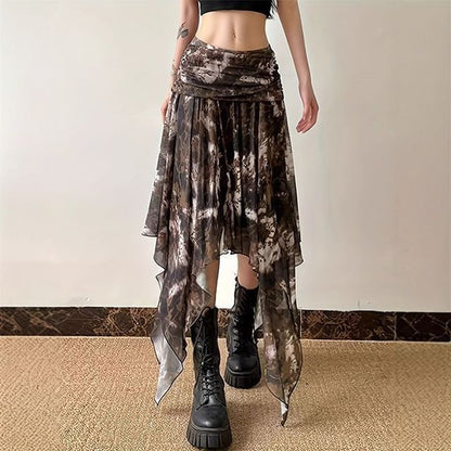 Tie Dye Asymmetrical Ruched Mesh A-Line Skirt