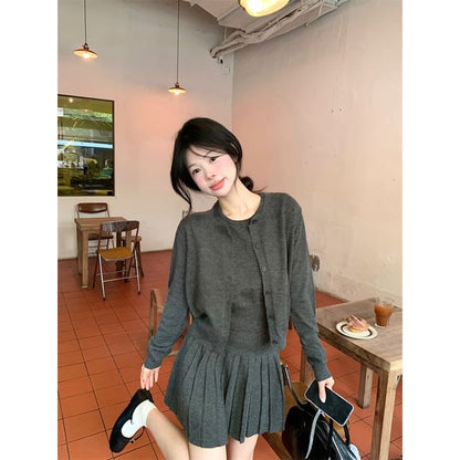 Set: Knit Tank Top with Crew Neck and Pleated Mini A-Line Skirt