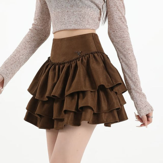 Ruffle Tiered Faux Suede Mini A-Line Skirt