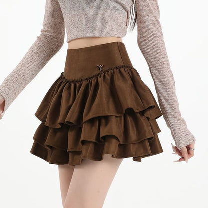 Ruffle Tiered Faux Suede Mini A-Line Skirt