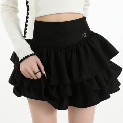 Ruffle Tiered Faux Suede Mini A-Line Skirt