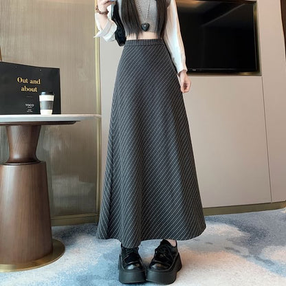 Pinstriped Maxi A-Line Skirt - High Waist