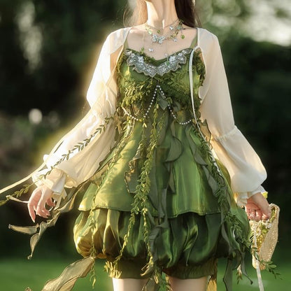 Set: Floral Embroidered Camisole with Ruffle Trim and Bead Details
