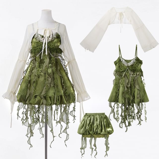Set: Floral Embroidered Camisole with Ruffle Trim and Bead Details