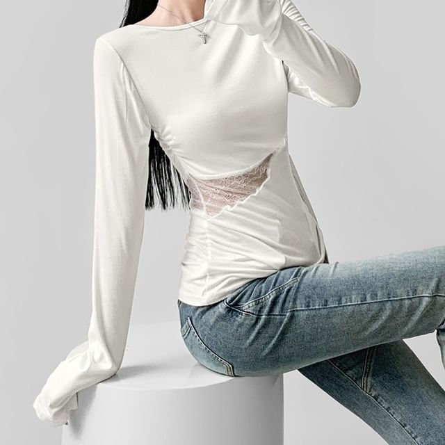 Slim-Fit Off-Shoulder Tee with Lace Panels and Asymmetric Long Sleeves