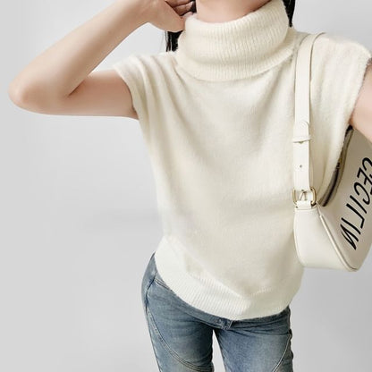Cropped Knit Top with Turtleneck and Short Cap Sleeves in Solid Color