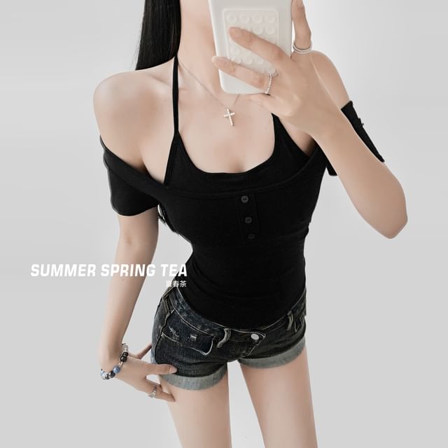 Padded Halter Crop Top with Short Sleeves and Faux Two-Piece Design