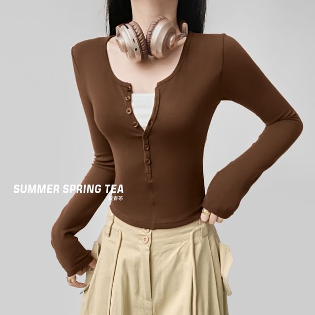 Two-Tone Cropped T-Shirt with Half Buttons and Faux-Layer Scoop Neck