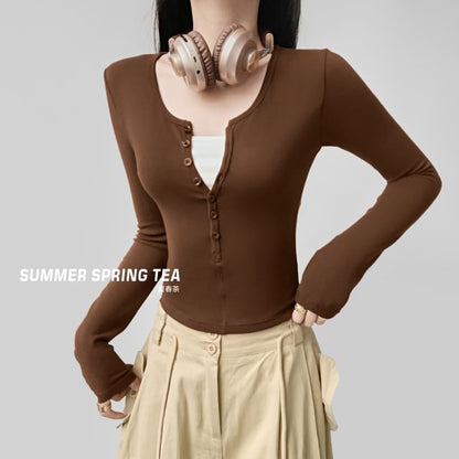 Two-Tone Cropped T-Shirt with Half Buttons and Faux-Layer Scoop Neck