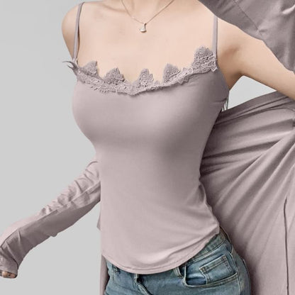 Slim-Fit Lace-Trimmed Scoop-Neck Cami and Open-Front Cardigan Set