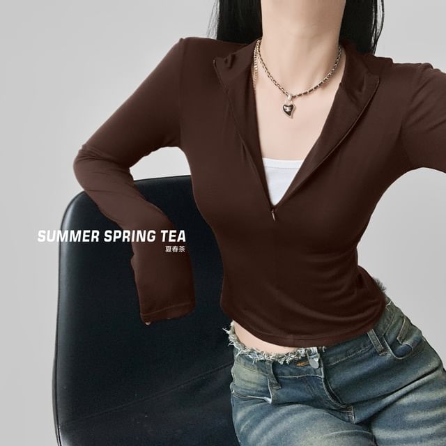 Cropped Half-Zip Faux-Layer Tee with Stand Collar and Long Sleeves