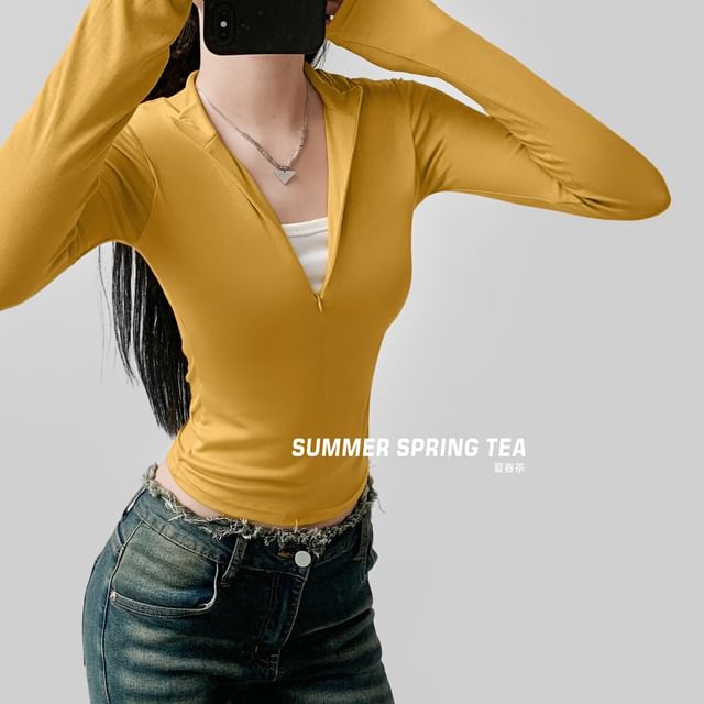 Cropped Half-Zip Faux-Layer Tee with Stand Collar and Long Sleeves