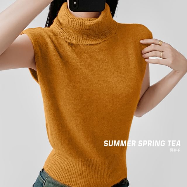 Cropped Knit Top with Turtleneck and Short Cap Sleeves in Solid Color