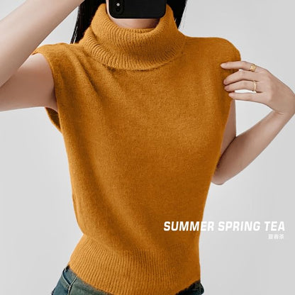 Cropped Knit Top with Turtleneck and Short Cap Sleeves in Solid Color