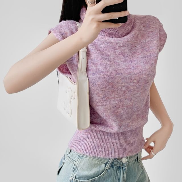 Cropped Knit Top with Turtleneck and Short Cap Sleeves in Solid Color