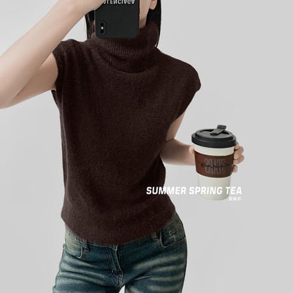 Cropped Knit Top with Turtleneck and Short Cap Sleeves in Solid Color