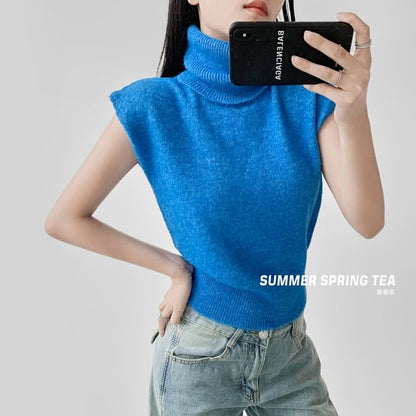 Cropped Knit Top with Turtleneck and Short Cap Sleeves in Solid Color